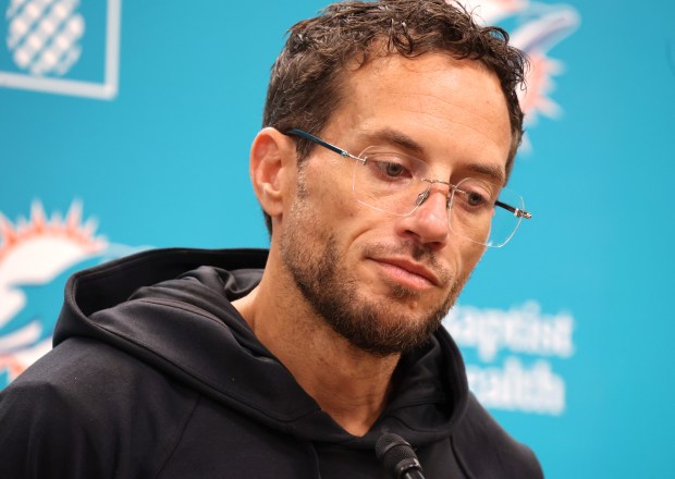 Miami Dolphins head coach Mike McDaniel speaks before practice at...