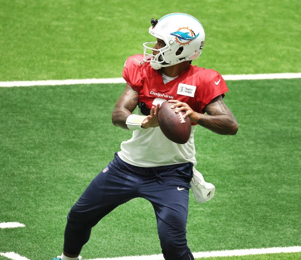 Miami Dolphins quarterback Tua Tagovailoa is seen during practice at...