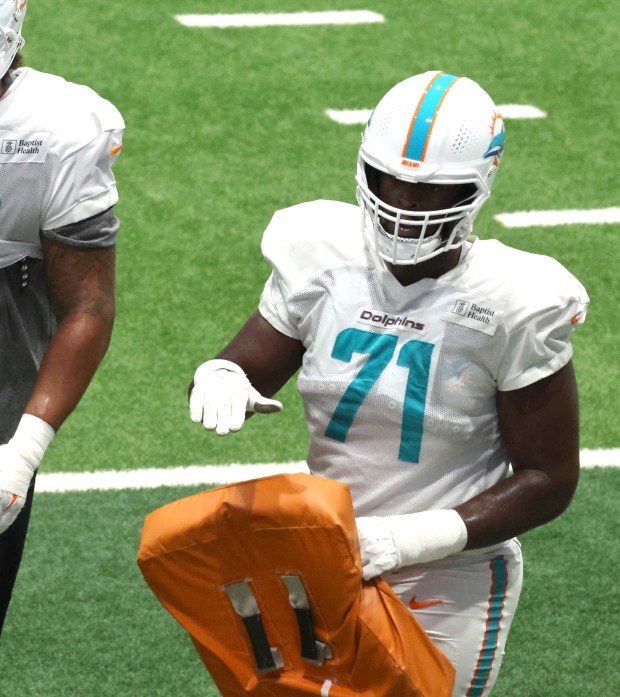 Miami Dolphins offensive tackle Kion Smith during practice at the...