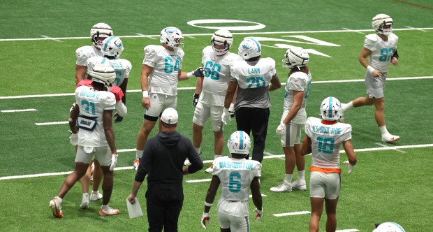 Miami Dolphins players during practice at the Baptist Health Training...