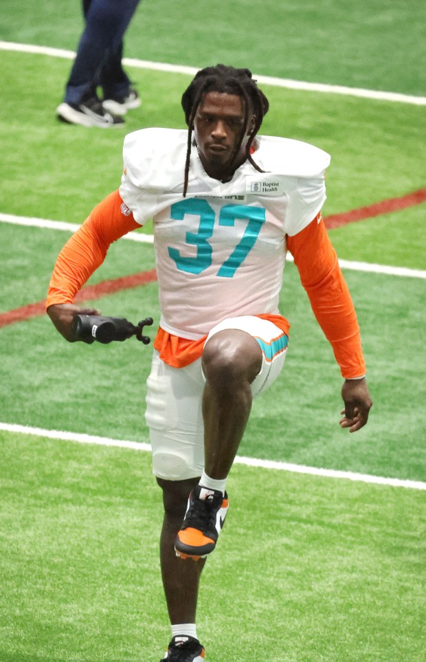 Miami Dolphins running back JaMycal Hasty during practice at the...
