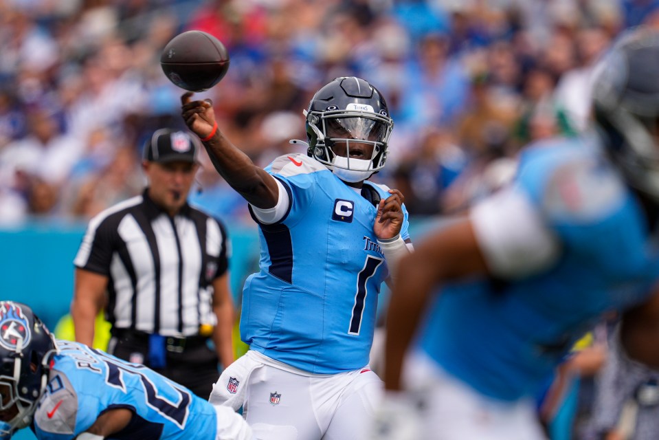 Tennessee Titans quarterback Cam Ward (1) throws against the Indianapolis Colts.