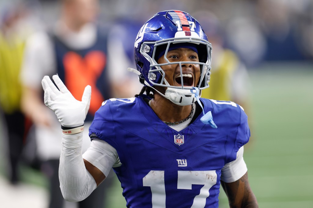 Wan'Dale Robinson #17 of the New York Giants reacts during a game.