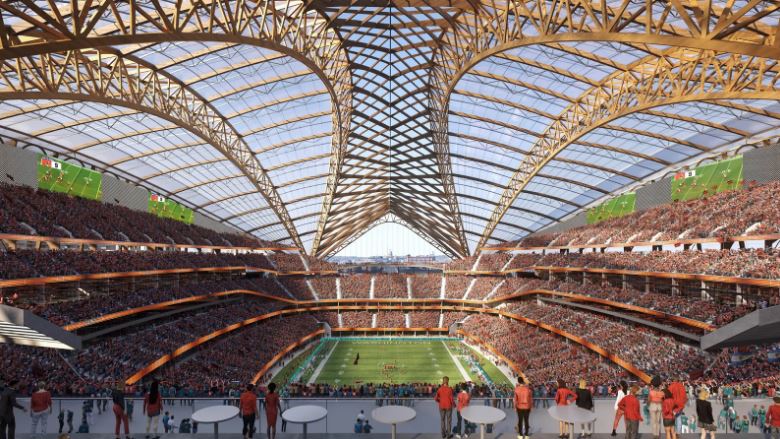 Illustration of a stadium with a wooden and glass arched roof, with a football field and seating sections filled with spectators.