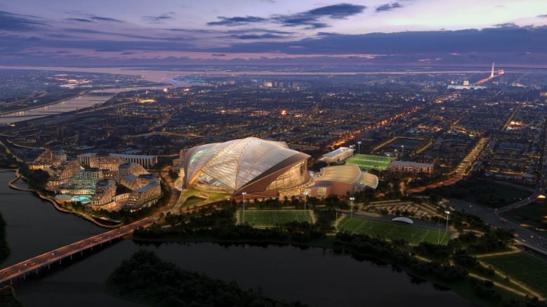 Illustration of a proposed new 70,000-seater wooden stadium and surrounding city area at dusk, with RFK stadium in the background.