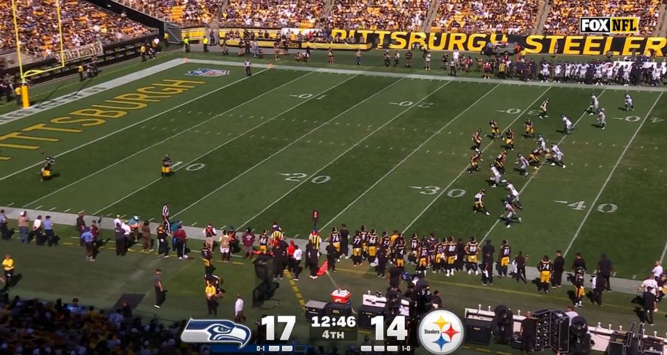 Game between the Pittsburgh Steelers and Seattle Seahawks, with the score 17-14 in the 4th quarter with 12:46 remaining.