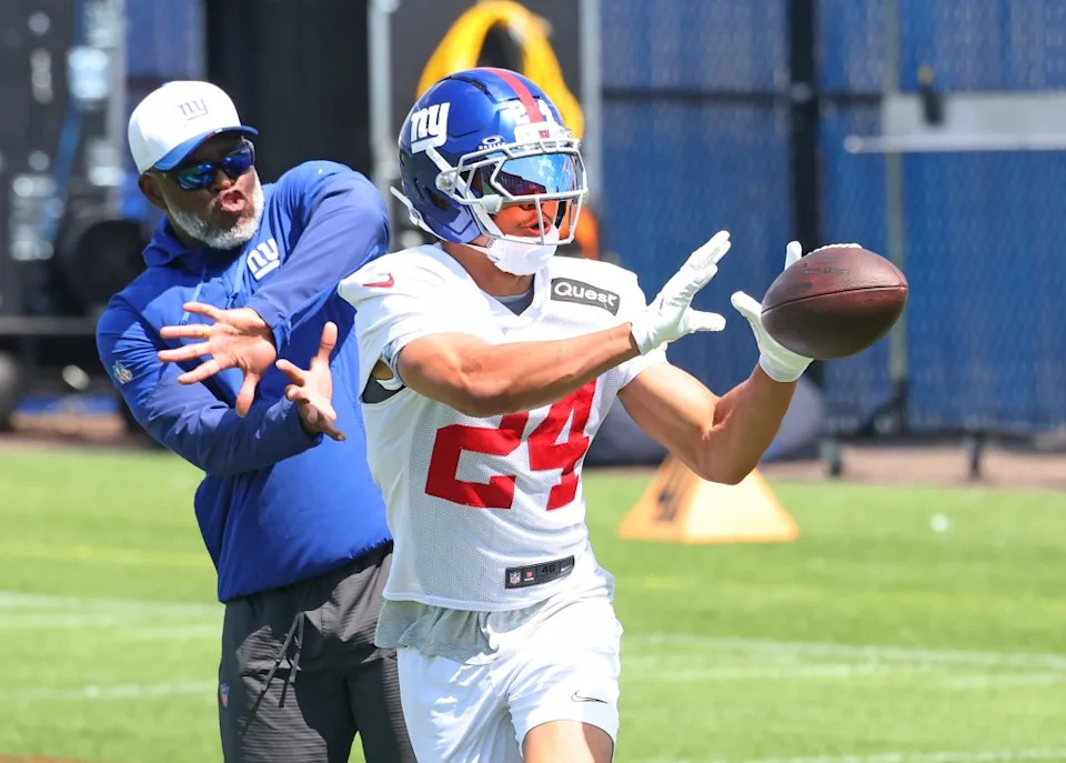 Giants safety Dane Belton catches a pass during a Giants practice on Sept. 4, 2025. Robert Sabo for NY Post