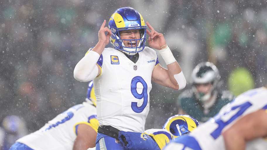 Los Angeles Rams quarterback Matthew Stafford calls a play against the Philadelphia Eagles in the Divisional Round