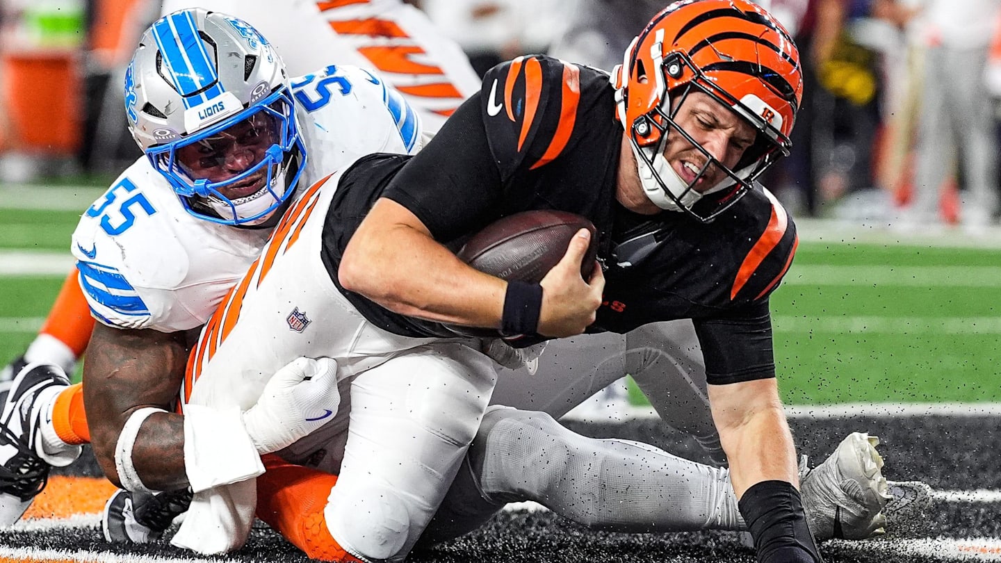 Detroit Lions linebacker Derrick Barnes (55) sacks Cincinnati Bengals quarterback Jake Browning (6) in the end zone for a safety during the second half at Paycor Stadium in Cincinnati on Sunday, Oct. 5, 2025.