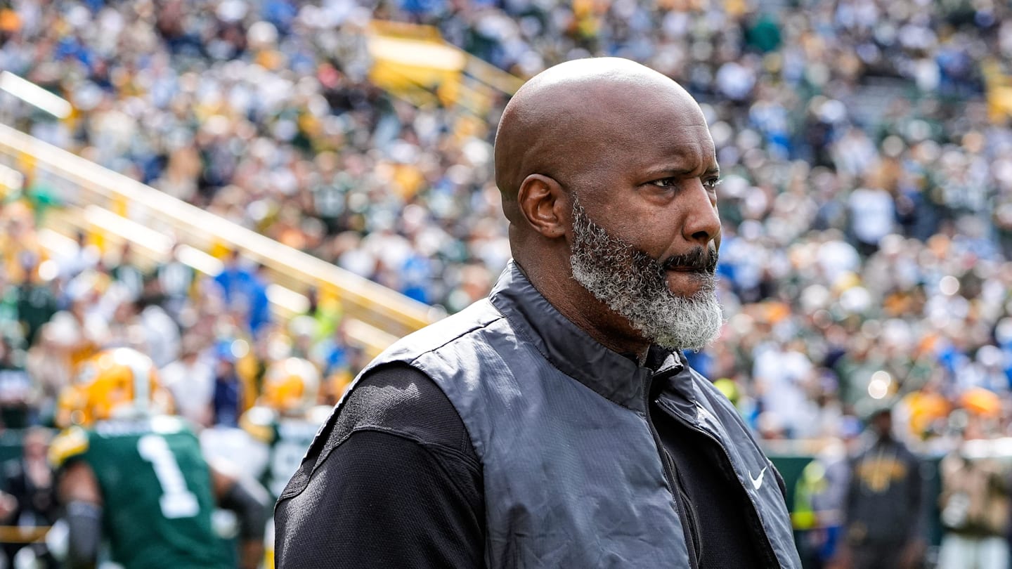 Detroit Lions general manager Brad Holmes watches warmups in the season opener in Week 1 at Lambeau Field in Green Bay, Wis., on Sunday, September 7, 2025.