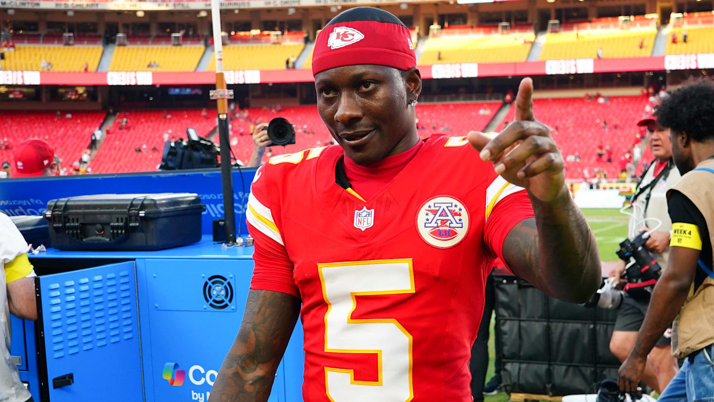 Sep 28, 2025; Kansas City, Missouri, USA; Kansas City Chiefs wide receiver Hollywood Brown (5) celebrates after the game against the Baltimore Ravens at GEHA Field at Arrowhead Stadium.