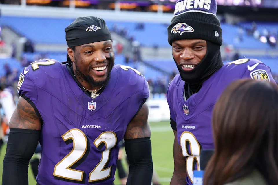 BALTIMORE, MARYLAND - NOVEMBER 03: Derrick Henry #22 and Lamar Jackson #8 of the Baltimore Ravens talk to media after their team's 41-10 win against the Denver Broncos at M&T Bank Stadium on November 03, 2024 in Baltimore, Maryland. (Photo by Scott Taetsch/Getty Images)Scott Taetsch/Getty Images