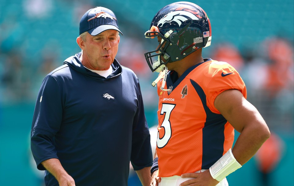 MIAMI GARDENS, FLORIDA - SEPTEMBER 24: Head coach Sean Payton of the Denver Broncos talks to Russell Wilson #3 of the Denver Broncos prior to a game against the Miami Dolphins at Hard Rock Stadium on September 24, 2023 in Miami Gardens, Florida. (Photo by Megan Briggs/Getty Images)