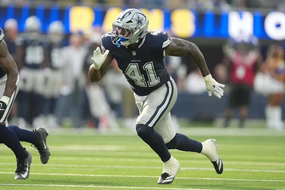 Aug 9, 2025; Inglewood, California, USA; Dallas Cowboys defensive end Donovan Ezeiruaku (41) against the Los Angeles Rams in the first half at SoFi Stadium. Mandatory Credit: Kirby Lee-Imagn Images