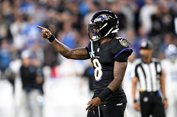 Baltimore Ravens quarterback Lamar Jackson reacts to a play against the Detroit Lions