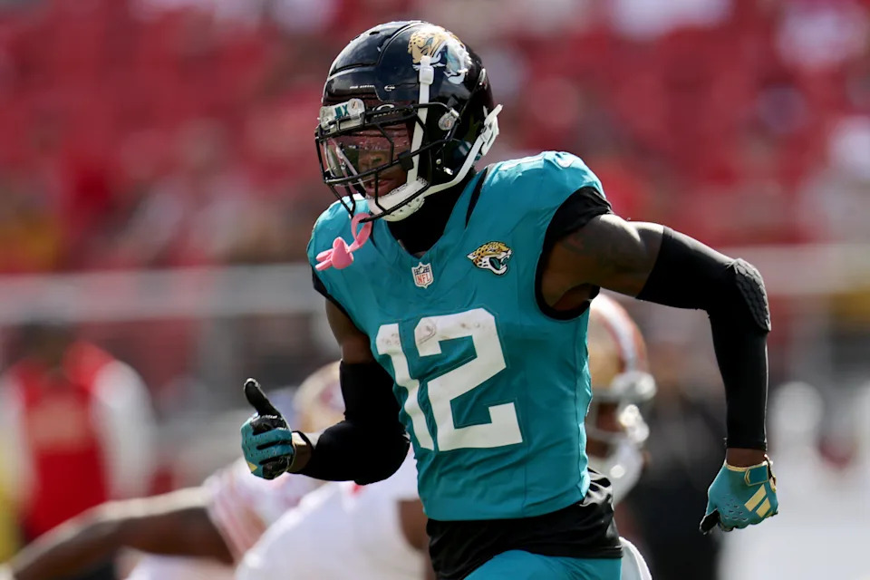 Jacksonville Jaguars wide receiver Travis Hunter (12) runs during an NFL football game against the San Francisco 49ers, Sunday, Sept. 28, 2025, in Santa Clara, Calif. (AP Photo/Scot Tucker)
