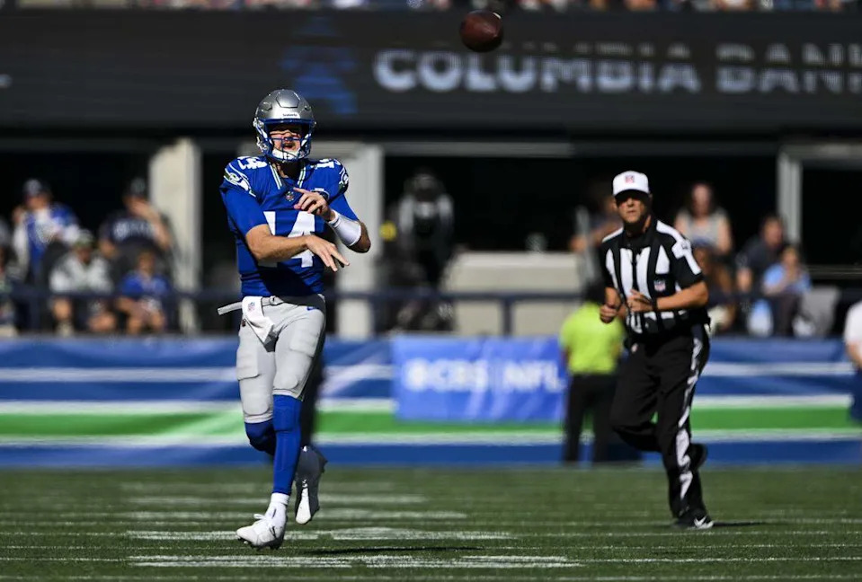 Seattle Seahawks quarterback Sam Darnold (14) throws the ball during the second quarter of the game against the Tampa Bay Buccaneers at Lumen Field, on Sunday, Oct. 5, 2025, in Seattle. Brian Hayes/bhayes@thenewstribune.com
