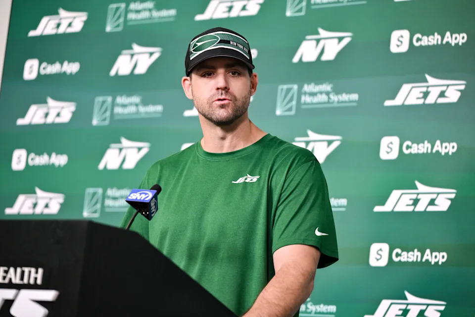 Jun 11, 2025; Florham Park, NY, USA; New York Jets offensive coordinator Tanner Engstrand speaks at a press conference during minicamp at Atlantic Health Jets Training Center. Mandatory Credit: John Jones-Imagn Images