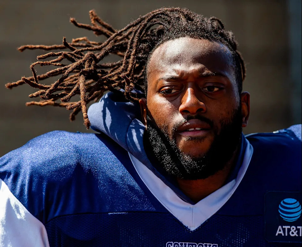 Jul 31, 2023; Oxnard, CA, USA; Dallas Cowboys defensive tackle Osa Odighizuwa (97) during training camp at the Marriott Residence Inn-River Ridge playing fields. Mandatory Credit: Jason Parkhurst-USA TODAY Sports