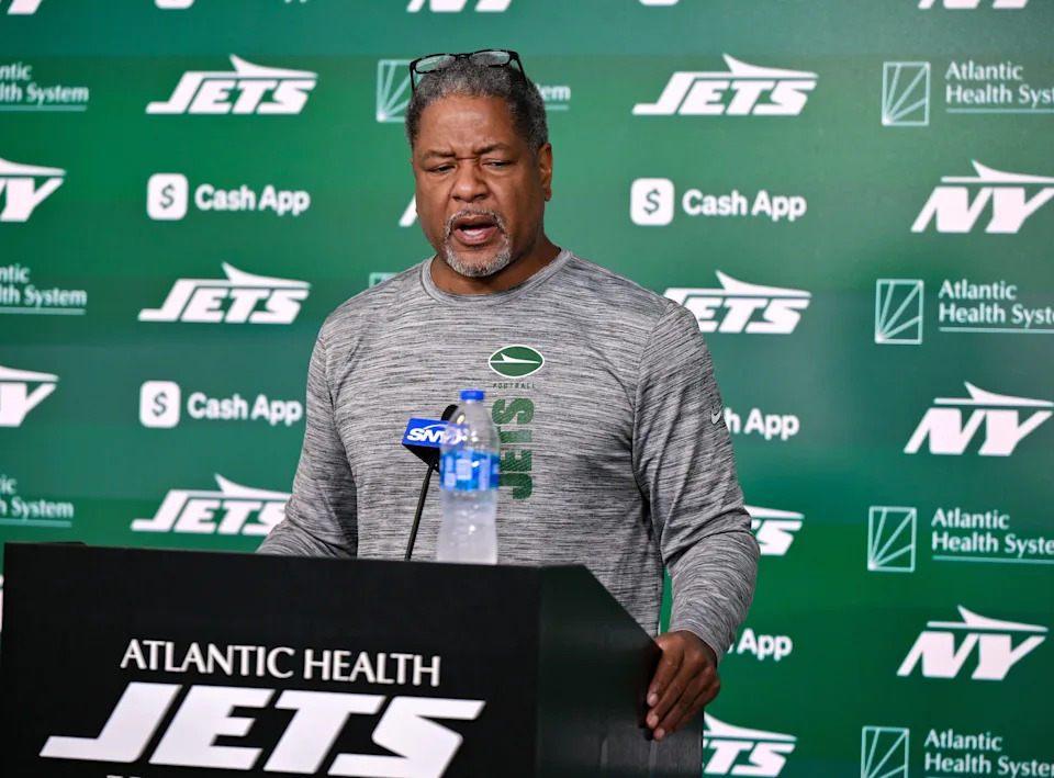 Jun 11, 2025; Florham Park, NY, USA; New York Jets defensive coordinator Steve Wilks speaks at a press conference during minicamp at Atlantic Health Jets Training Center. Mandatory Credit: John Jones-Imagn Images