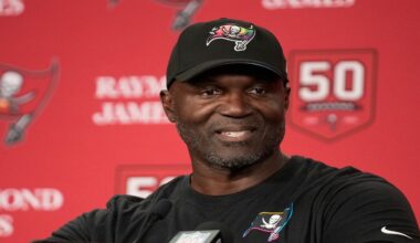 Tampa Bay Buccaneers head coach Todd Bowles speaks at a news conference after an NFL football game against the San Francisco 49ers in Tampa, Fla., Sunday, Oct. 12, 2025. (AP Photo/Chris O'Meara)