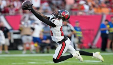 Tampa Bay Buccaneers wide receiver Tez Johnson catches a touchdown pass against the San Francisco 49ers during the second half of an NFL football game in Tampa, Fla., Sunday, Oct. 12, 2025. (AP Photo/Chris O'Meara)