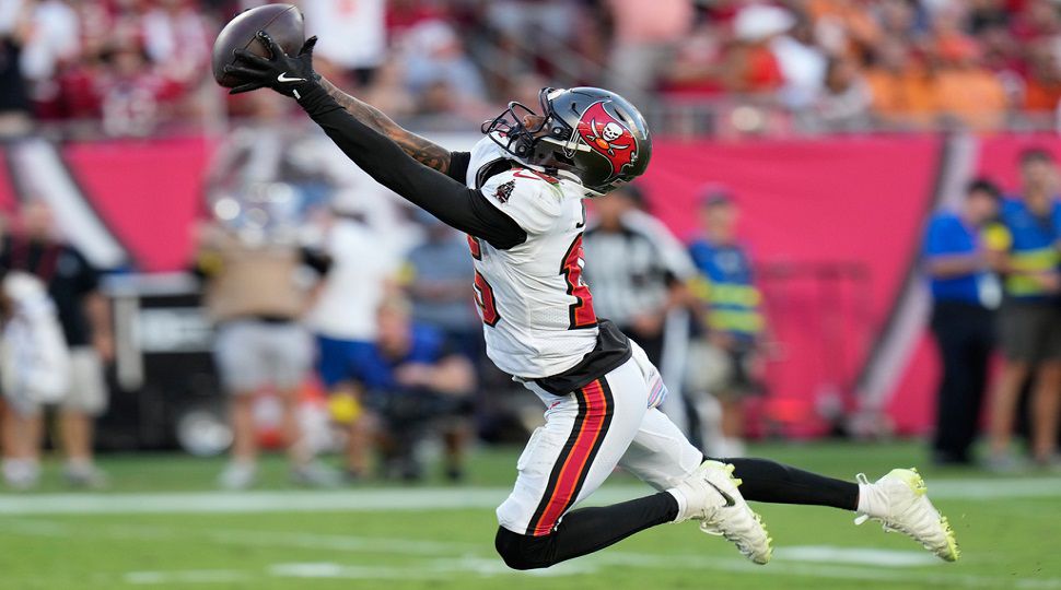 Tampa Bay Buccaneers wide receiver Tez Johnson catches a touchdown pass against the San Francisco 49ers during the second half of an NFL football game in Tampa, Fla., Sunday, Oct. 12, 2025. (AP Photo/Chris O'Meara)