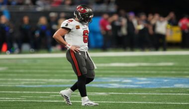 Tampa Bay Buccaneers quarterback Baker Mayfield (6) walks off the field after making a fumble during the second half of an NFL football game against the Detroit Lions, Monday, Oct. 20, 2025, in Detroit. AP Photo/Paul Sancya)