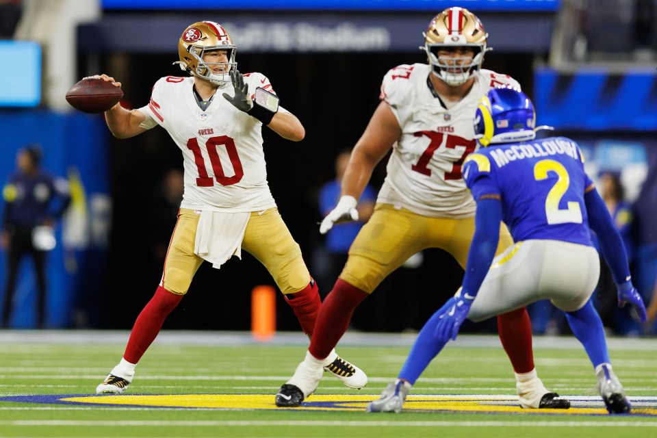San Francisco 49ers player Mac Jones (10) throws a pass.