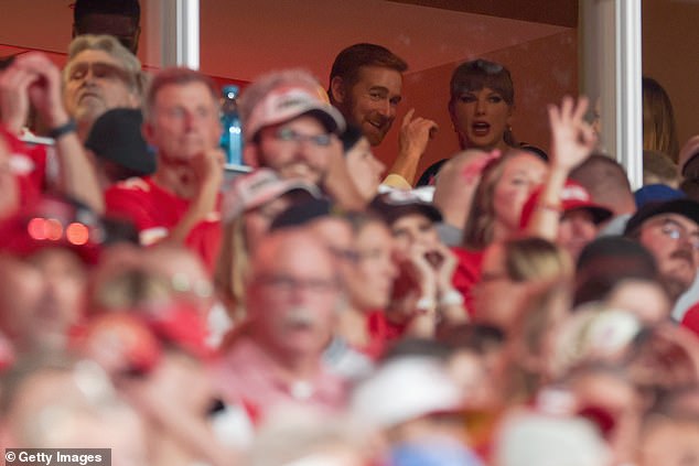 Swift pictured in her suite during a dramatic first half between the Chiefs and the Lions