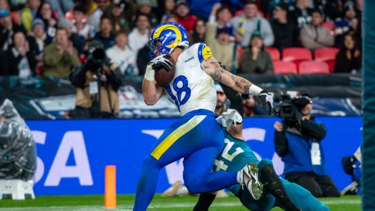 Los Angeles Rams tight end Terrance Ferguson (18) catches a touchdown against the Jacksonville Jaguars during the second half of an NFL International Series game at Wembley Stadium in London on October 18, 2025.