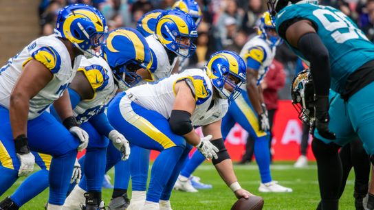 The Los Angeles Rams line up for a play against the Jacksonville Jaguars during the second half of an NFL International Series game at Wembley Stadium in London on October 18, 2025.