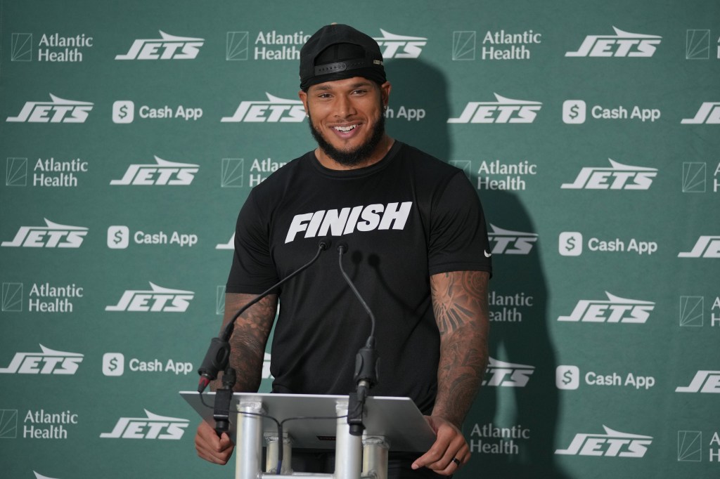 Jermaine Johnson speaks to the media after Jets practice on Oct. 10, 2025.