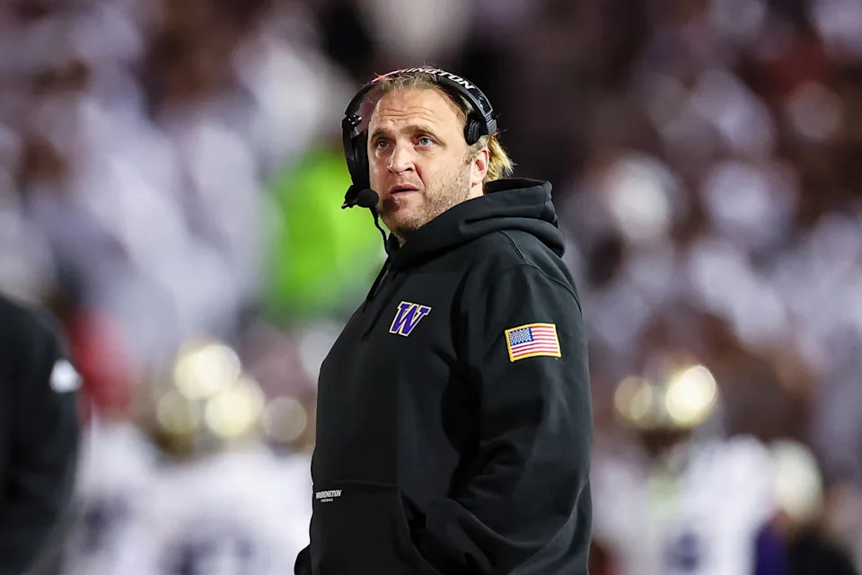 STATE COLLEGE, PA - NOVEMBER 09: Defensive coordinator Steve Belichick of the Washington Huskies looks on during the first half against the Penn State Nittany Lions at Beaver Stadium on November 09, 2024 in State College, Pennsylvania. (Photo by Scott Taetsch/Getty Images)Scott Taetsch&sol;Getty Images