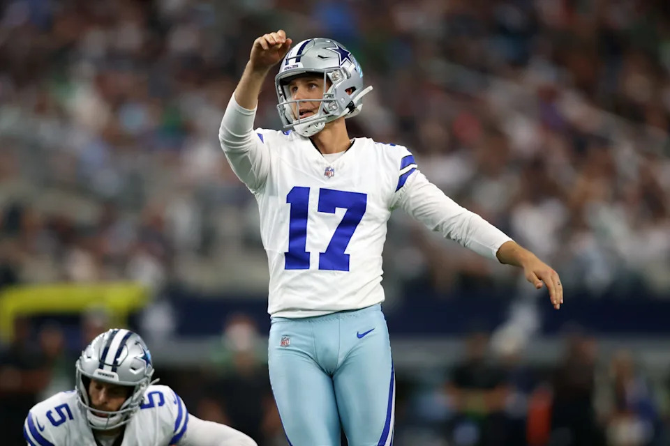 Sep 17, 2023; Arlington, Texas, USA; Dallas Cowboys place kicker Brandon Aubrey (17) watches his field goal in the fourth quarter against the New York Jets at AT&T Stadium. Mandatory Credit: Tim Heitman-USA TODAY Sports