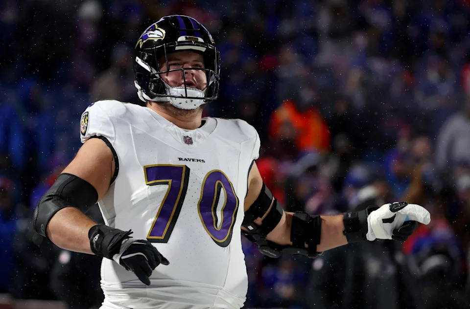 ORCHARD PARK, NEW YORK - JANUARY 19: Roger Rosengarten #70 of the Baltimore Ravens on the field before a game against the Buffalo Bills during the AFC divisional round game at Highmark Stadium on January 19, 2025 in Orchard Park, New York. (Photo by Timothy T Ludwig/Getty Images)
