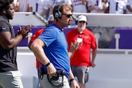 SMU head coach Rhett Lashlee walks the sideline before the first half of an NCAA football...