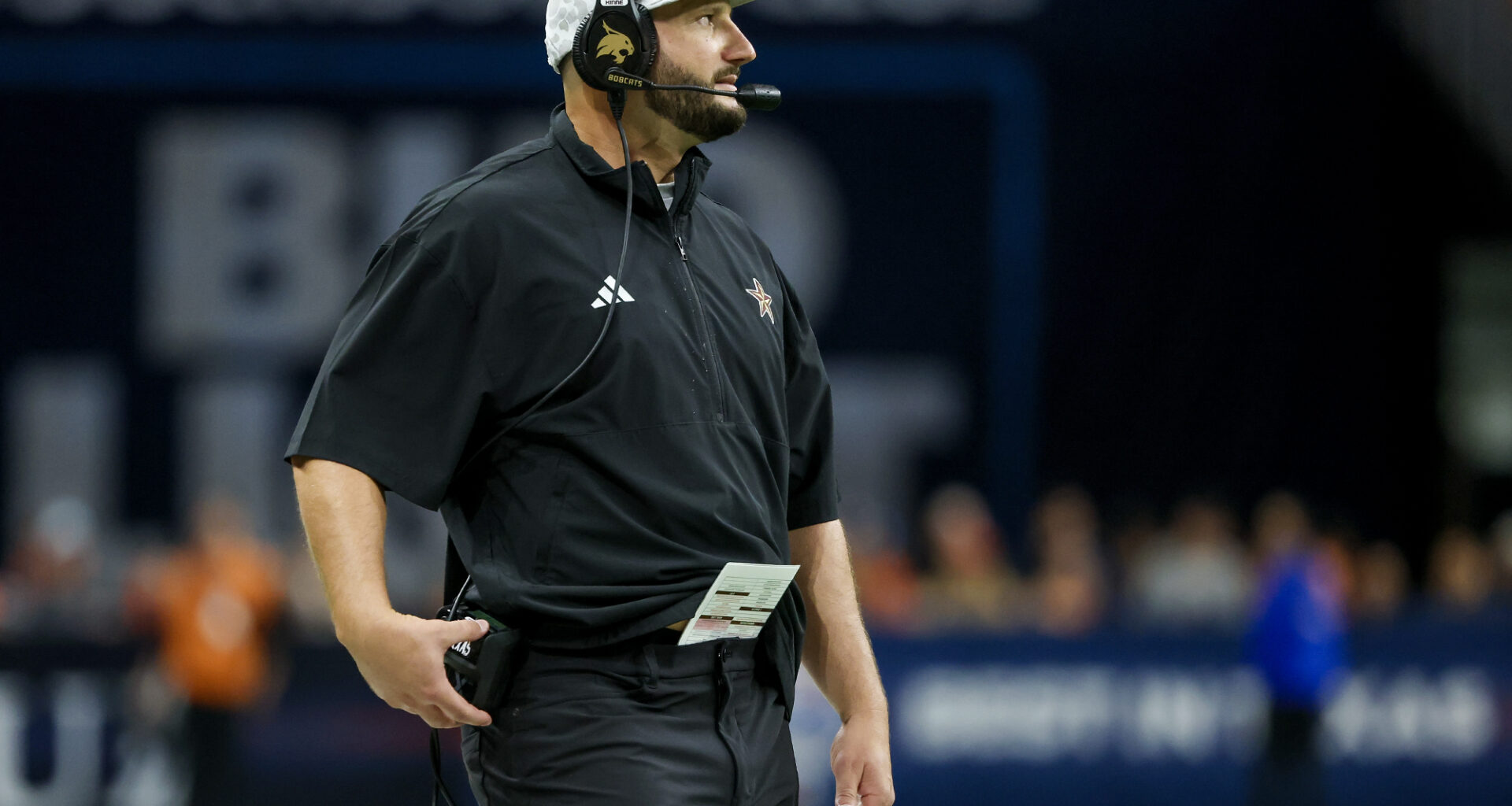 Texas State running back Lincoln Pare (7) walks to the huddle during the game against Eastern Michigan at Texas State University on Saturday, Aug. 30, 2025.
