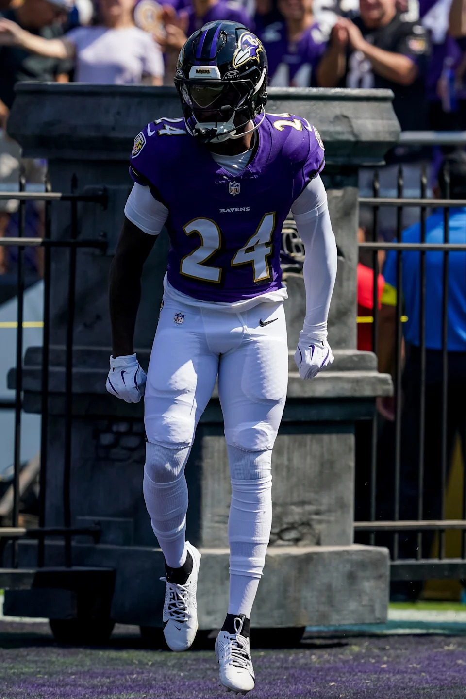 Sep 14, 2025; Baltimore, Maryland, USA; Baltimore Ravens safety Malaki Starks (24) before the game against the Cleveland Browns at M&T Bank Stadium. Mandatory Credit: Mitch Stringer-Imagn Images