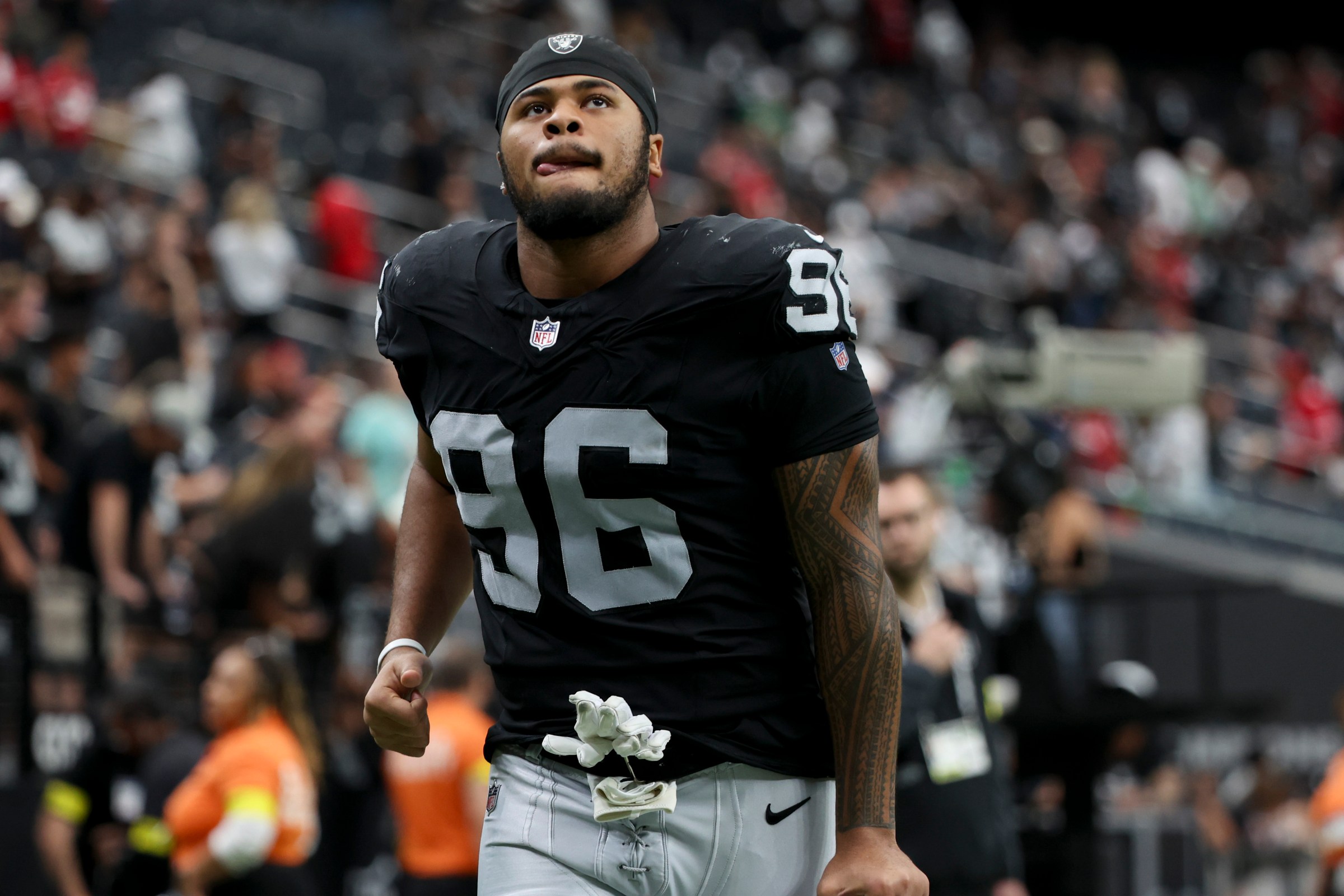 LAS VEGAS, NEVADA - AUGUST 16: Jonah Laulu #96 of the Las Vegas Raiders looks on after his team’s 19-22 loss against the San Francisco 49ers during the NFL Preseason 2025 game at Allegiant Stadium on August 16, 2025 in Las Vegas, Nevada. (Photo by Ian Maule/Getty Images)