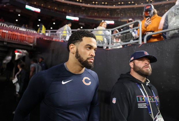Chicago Bears quarterback Caleb Williams takes the field before facing...