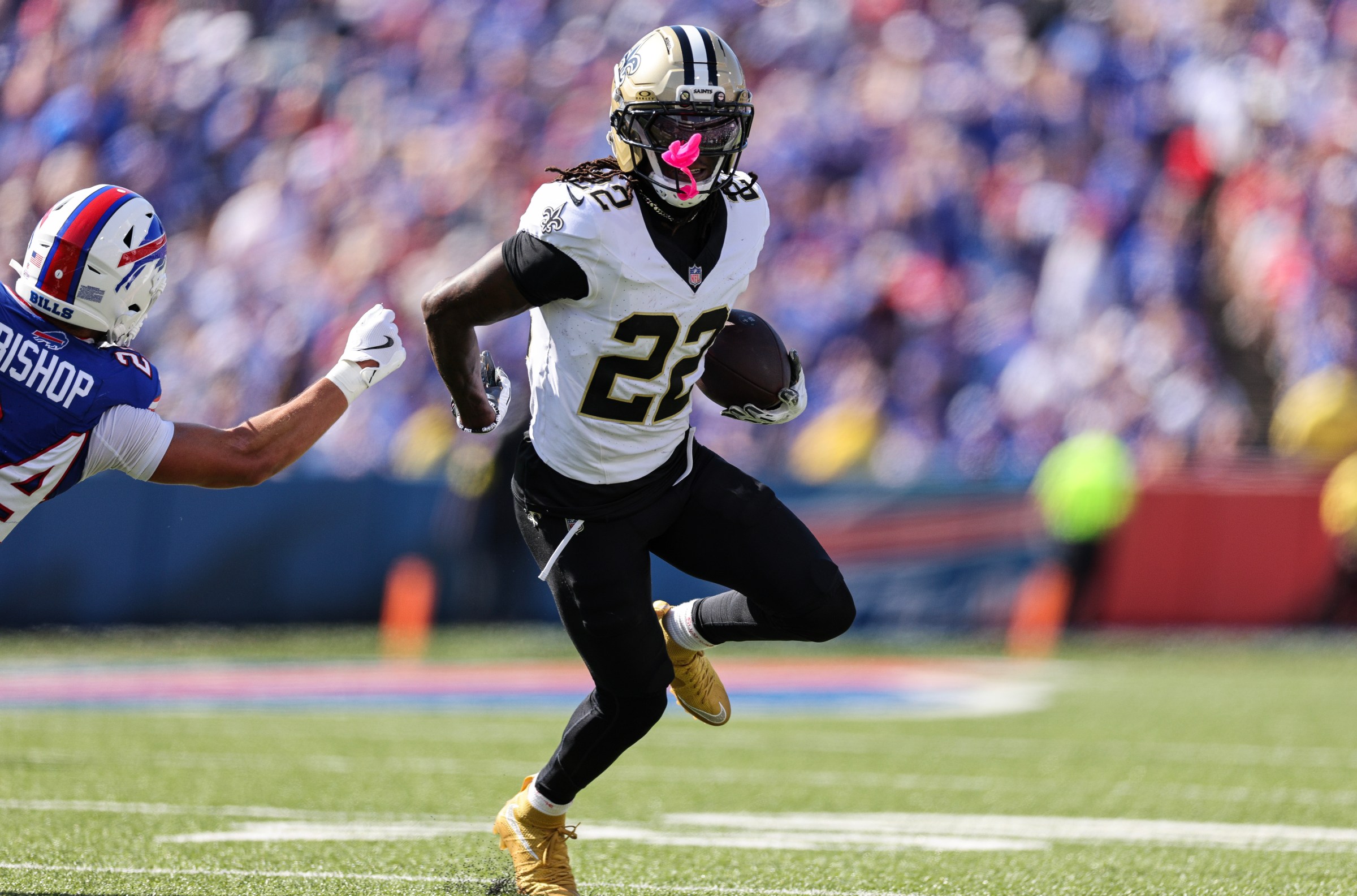 ORCHARD PARK, NEW YORK - SEPTEMBER 28: Rashid Shaheed #22 of the New Orleans Saints runs the ball during the second quarter of the NFL 2025 game between New Orleans Saints and Buffalo Bills at Highmark Stadium on September 28, 2025 in Orchard Park, New York. (Photo by Bryan Bennett/Getty Images)