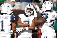 Dallas Cowboys wide receiver George Pickens (3) celebrates his third quarter touchdown catch...