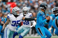 Dallas Cowboys linebacker Marist Liufau (35) sacks Carolina Panthers quarterback Bryce...