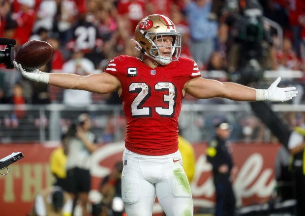 San Francisco 49ers' Christian McCaffrey (23) celebrates his touchdown against the Atlanta Falcons in the second quarter at Levi's Stadium in Santa Clara, Calif., on Sunday, Oct. 19, 2025. (Nhat V. Meyer/Bay Area News Group)