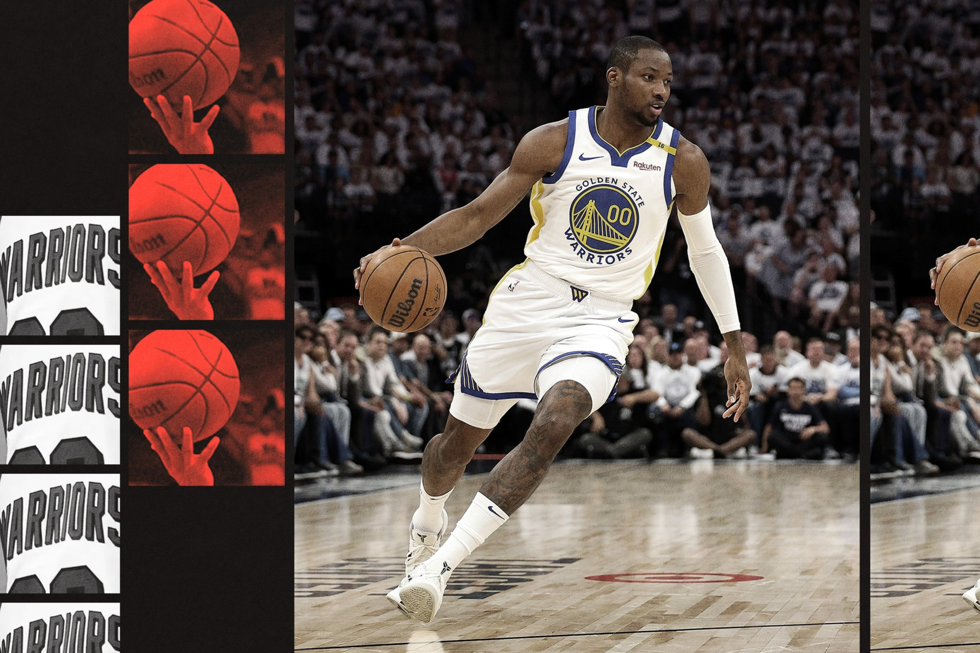 A Golden State Warriors player, wearing jersey number 00, dribbles a basketball on a court filled with seated fans.