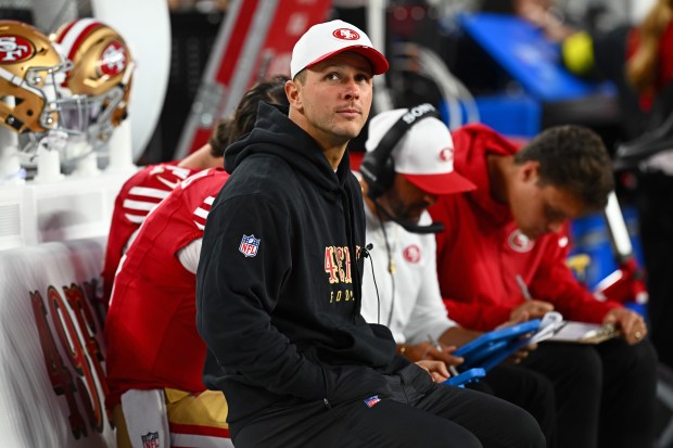 San Francisco 49ers quarterback Brock Purdy (13) sits on the bench in the third quarter of their NFL preseason game at Levi's Stadium in Santa Clara, Calif., on Saturday, Aug. 23, 2025. The San Francisco 49ers defeated the Los Angeles Chargers 30-23. (Jose Carlos Fajardo/Bay Area News Group)