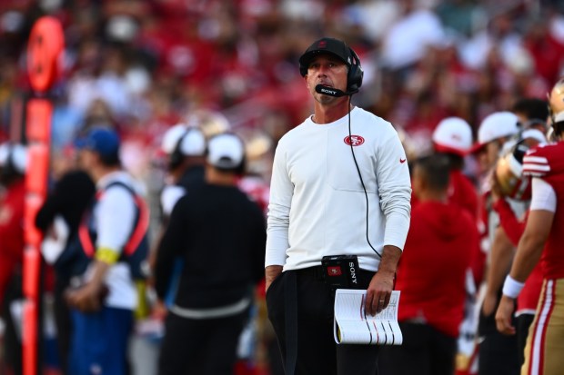 San Francisco 49ers head coach Kyle Shanahan walks the sideline while playing the Los Angeles Chargers in the first quarter of their NFL preseason game at Levi's Stadium in Santa Clara, Calif., on Saturday, Aug. 23, 2025. (Jose Carlos Fajardo/Bay Area News Group)