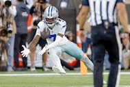 Dallas Cowboys cornerback Trevon Diggs (7) intercepts a pass thrown by Cleveland Browns...