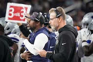 Dallas Cowboys defensive coordinator Matt Eberflus looks on from the sidelines during the...